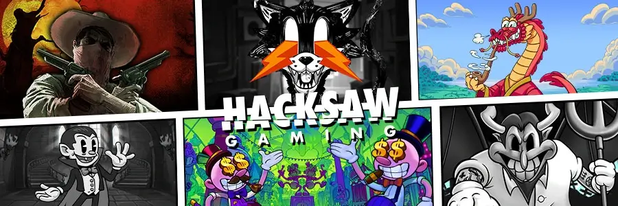 Collage verschiedener Hacksaw Gaming Slots mit Westernheld, Katze, Drache, Vampir und Teufelsfigur