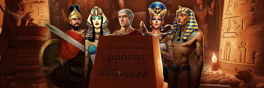 Grafik mit ägyptisch inspirierten Slot-Charakteren und Bally-Wulff-Branding.