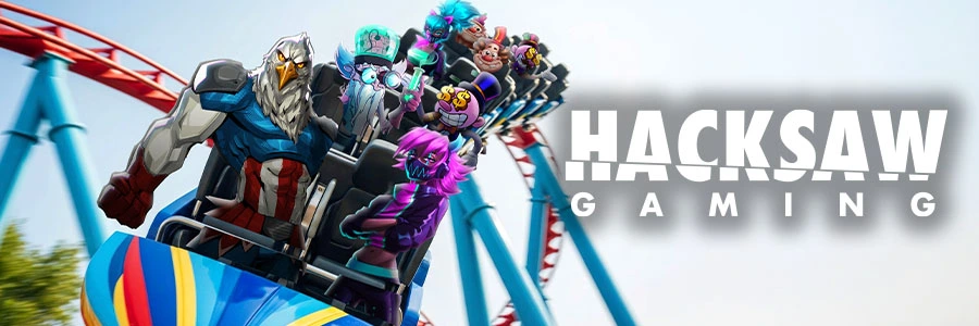Banner mit verschiedenen Hacksaw Gaming Slot-Charakteren im Freizeitpark-Design