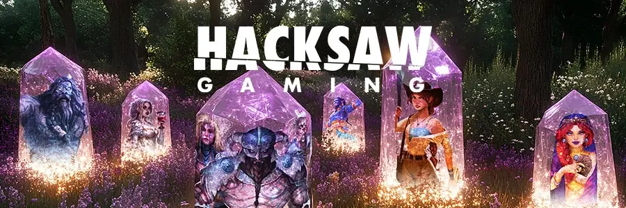 Großes Banner mit Hacksaw Gaming Branding und Slot-Charakteren