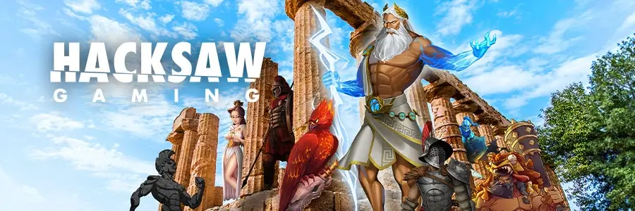 Banner mit beliebten Hacksaw Gaming Slotcharakteren wie Zeus, Gladiatoren und Phoenix