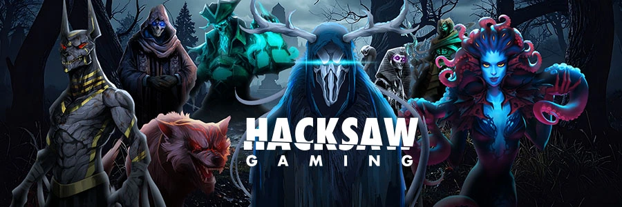Hacksaw Gaming Banner mit düsteren Fantasy Figuren, Horror Charakteren und Logo
