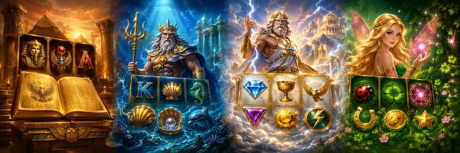 Collage beliebter Online Slots bei DIE SPIELBANK mit Buch-, Meeres-, Götter- und Glücksmotiven
