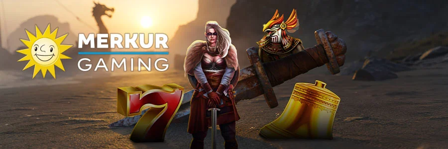 Banner von MERKUR Gaming mit Kriegerin, Horusfigur, roter Sieben und goldener Glocke