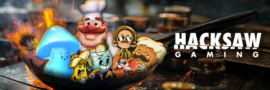 Food Slots Banner mit Hacksaw Gaming Charakteren in einer Küche mit Pfanne und Flammen