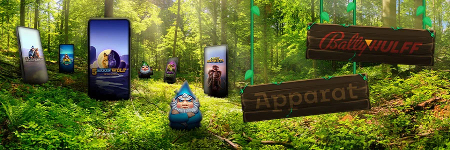 Headerbild mit tierischen Online-Slots von Bally Wulff in einer grünen Waldkulisse