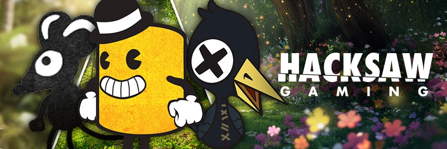 Charaktere und Branding der Hacksaw Gaming EM-Reihe mit den Slots Keep’em, Stack’em und Drop’em