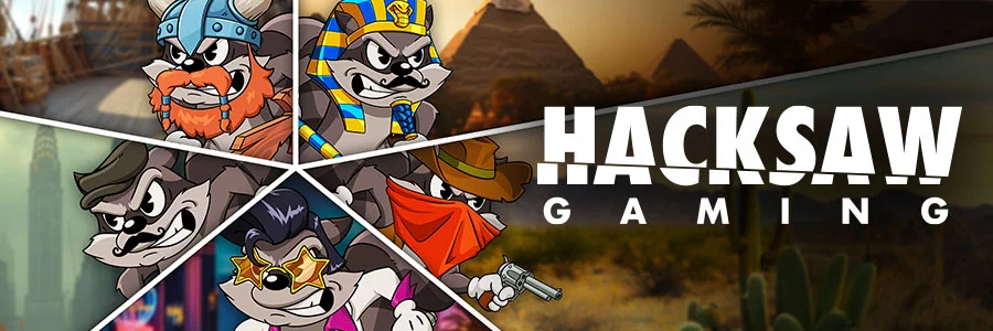 Hacksaw Gaming Le Slot Serie Bannerbild mit allen fünf Charakteren der beliebten Online Casino Spiele