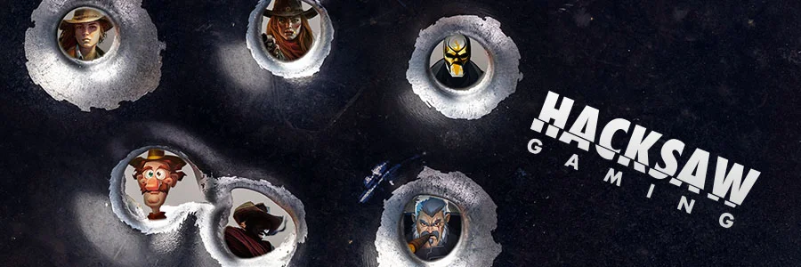 Hacksaw Gaming Slots Banner mit Charakteren in Einschusslöchern und Action Slot Design