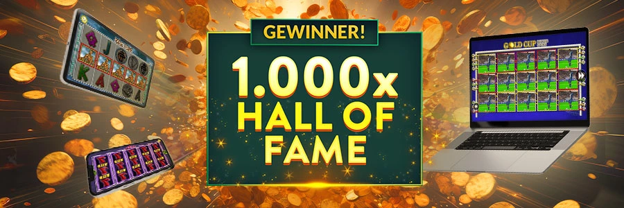 Großer Online-Slot Gewinn mit 1000x Multiplikator – Hall of Fame Gewinner mit Spielautomaten und Goldmünzen im Hintergrund.