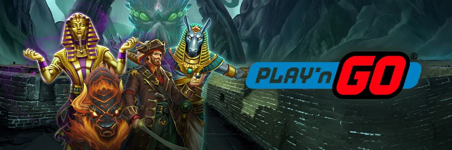 Collage mit bekannten Play'n GO Spielautomaten, darunter Myth of Dead, Jolly Roger Wild Kraken, Legion Gold and the Sphinx of Dead und Beasts of Fire Maximum sowie dem Play'n GO Logo.