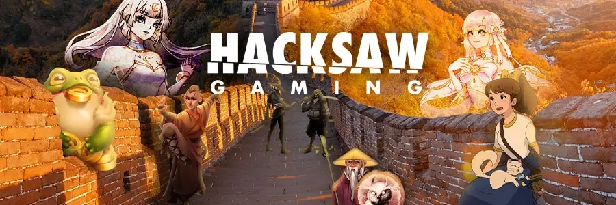 Hacksaw Gaming Banner mit verschiedenen Slot Figuren im asiatischen Stil