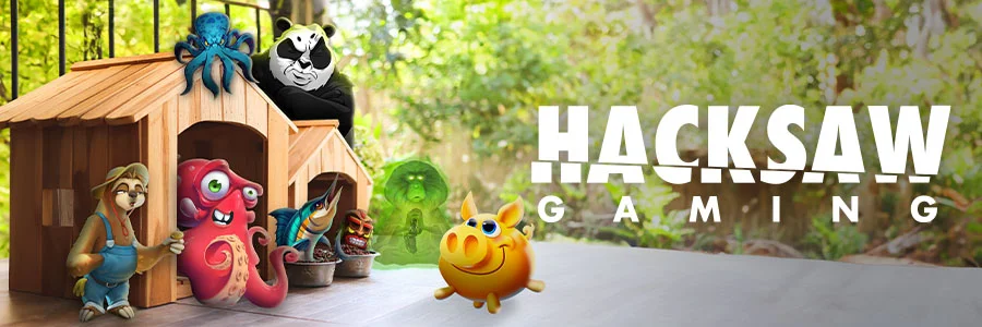 Banner mit Hacksaw Gaming Slots und Tiercharakteren wie Panda, Oktopus und Schwein