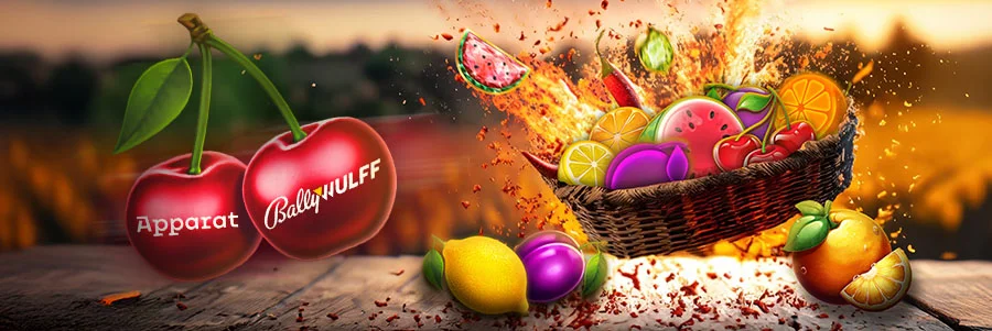 Explodierender Früchtekorb mit Kirschen, Wassermelonen, Zitronen und Orangen im Slot-Stil von Apparat Gaming und Bally Wulff vor brennendem Hintergrund