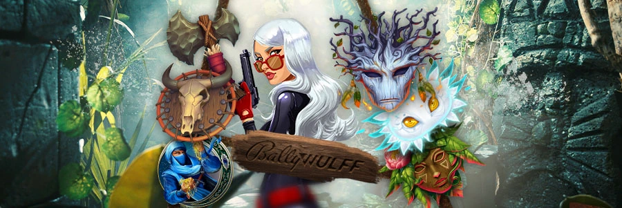 Grafik mit Charakteren und Symbolen aus verschiedenen Bally-Wulff Abenteuer-Slots.