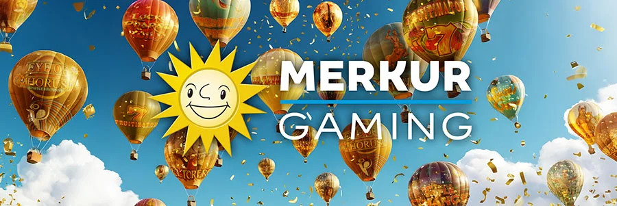 Grafik mit Merkur-Sonne und zahlreichen Heißluftballons, die Motive verschiedener Merkur-Slots tragen, vor blauem Himmel und Goldkonfetti
