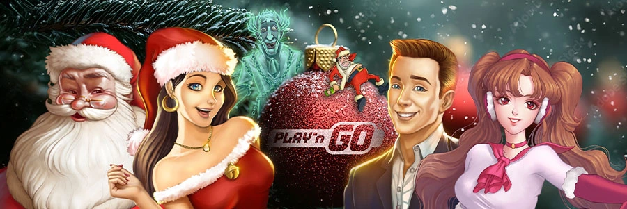 Festliche Illustration mit Play’n-GO-Charakteren: Frau im roten Weihnachtskleid, Mann mit Champagner, Weihnachtskugel, Fantasy-Figuren und verschneitem Hintergrund