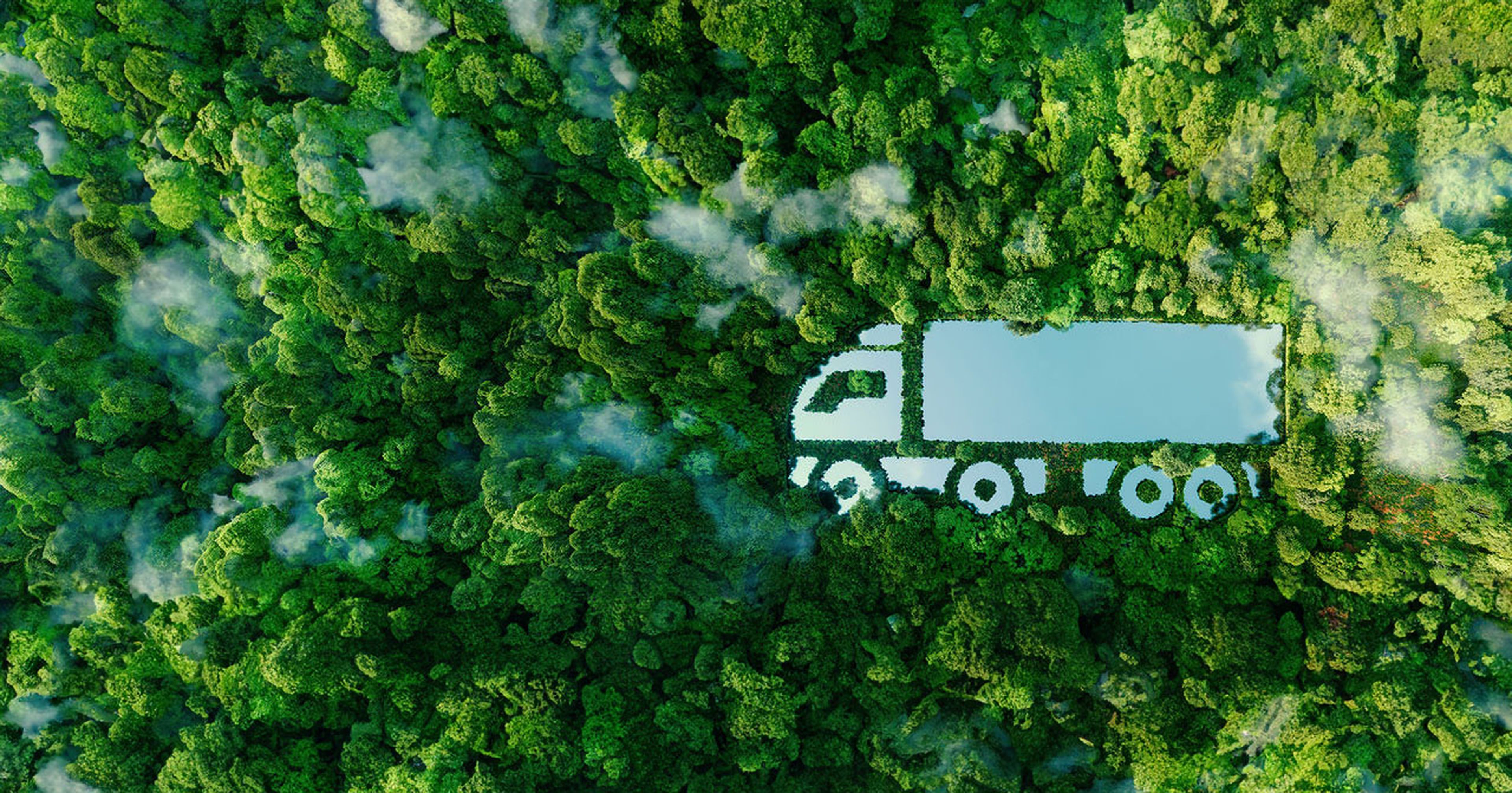 Vorm van een vrachtwagen in een groen bos vanuit de lucht gezien.