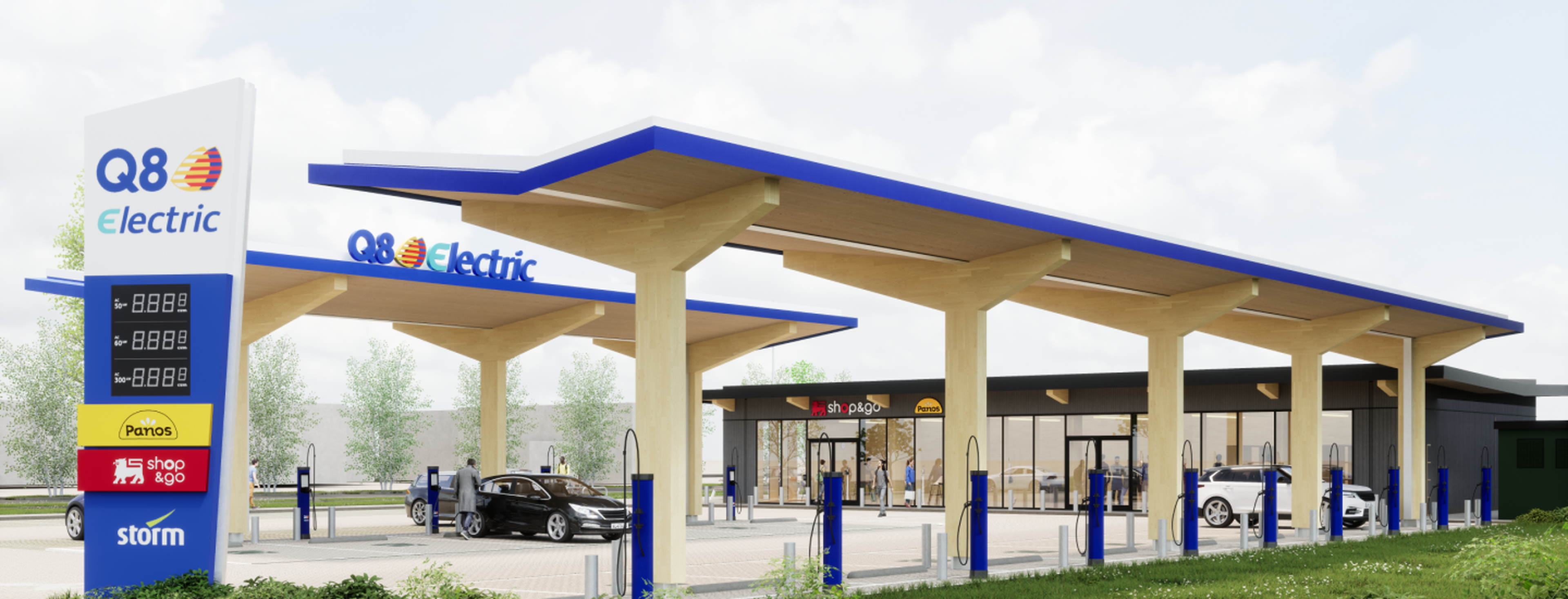 Rendu d’une future station de recharge rapide Q8 electric avec bornes, commerces, sandwicherie, café et restaurants dans un environnement verdoyant.