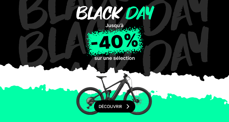 Bannière promotionnelle pour le « Black Day » proposant jusqu’à 40 % de réduction sur les VTT, équipements, pièces et accessoires, illustrée par des images de vélo et de composants.