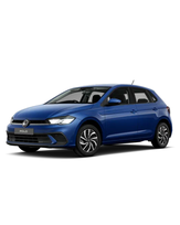 Blue Volkswagen Polo hatchback, angled view, on a white background. Features include sleek body design and modern alloy wheels.