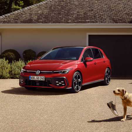 A red Volkswagen Golf 8 GTI hatchback parked in front of a garage, with a dog holding a shoe in its mouth walking nearby.