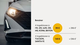 Close-up of a car's front headlight on the left. On the right, a service price list for inspections of various car models with prices in euros.