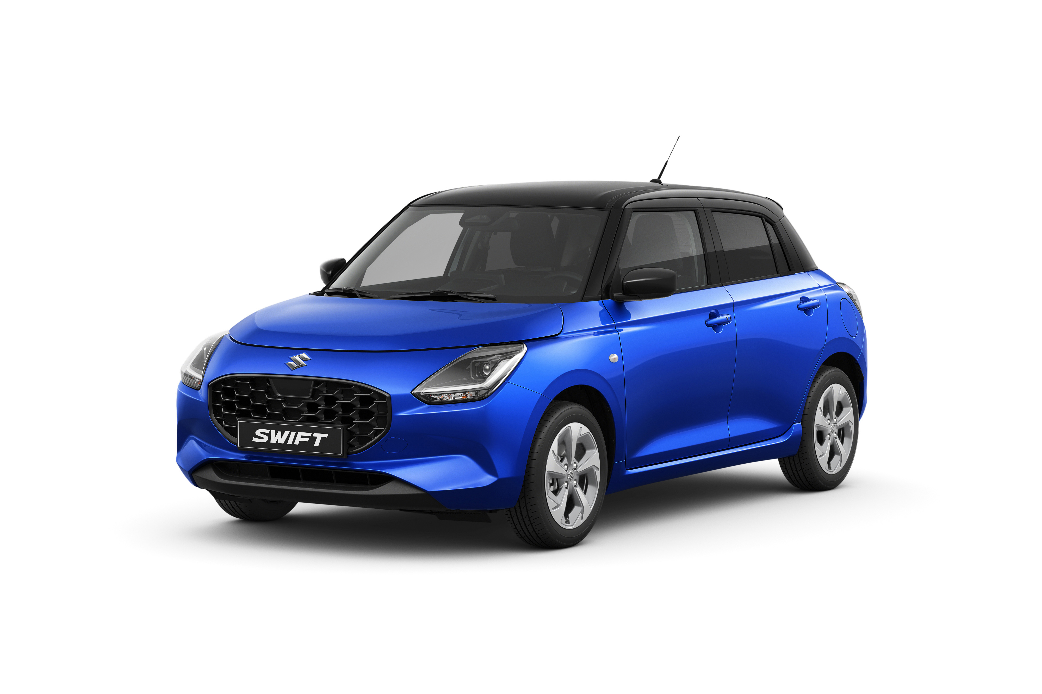 A blue compact car with a black roof, front view angled slightly to the left, on a white background.