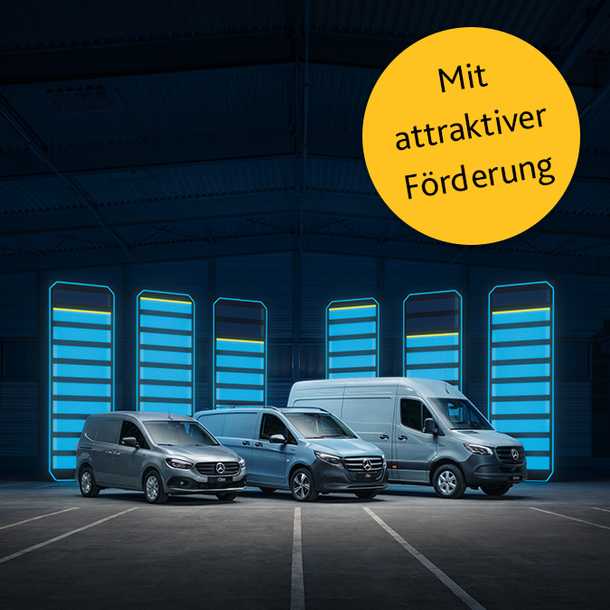 Three Mercedes-Benz vans parked in a dimly lit warehouse, illuminated by blue lights. A yellow circle reads "Mit attraktiver Förderung."