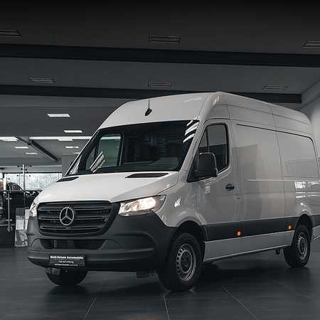 White Mercedes-Benz Sprinter van parked in a modern showroom with dark flooring and bright overhead lights.