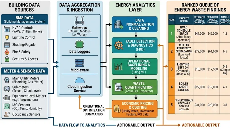 Diagram of a building's BMS and meter data flowing into an analytics layer that outputs a ranked queue of priced energy waste findings