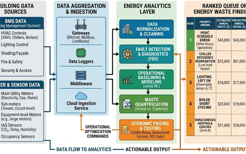 Diagram of a building's BMS and meter data flowing into an analytics layer that outputs a ranked queue of priced energy waste findings