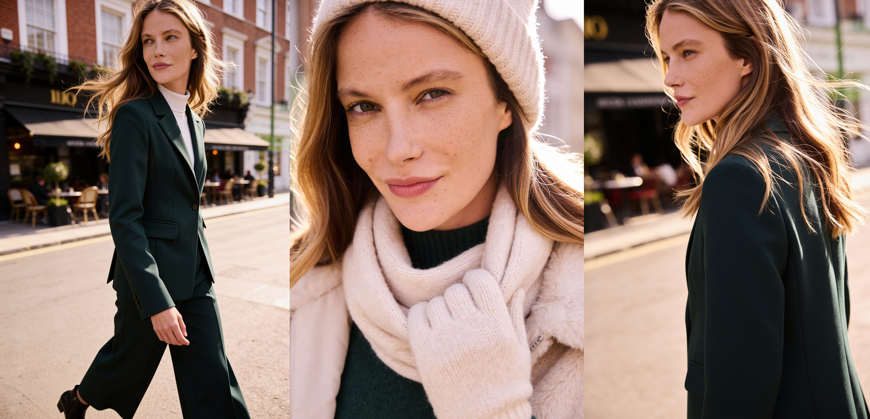 AI generated - Eine Frau in einem dunkelgrünen Kostüm geht selbstbewusst eine sonnige Straße entlang; eine Nahaufnahme zeigt sie mit Strickmütze und Schal – sie wirkt zufrieden und warm angezogen.