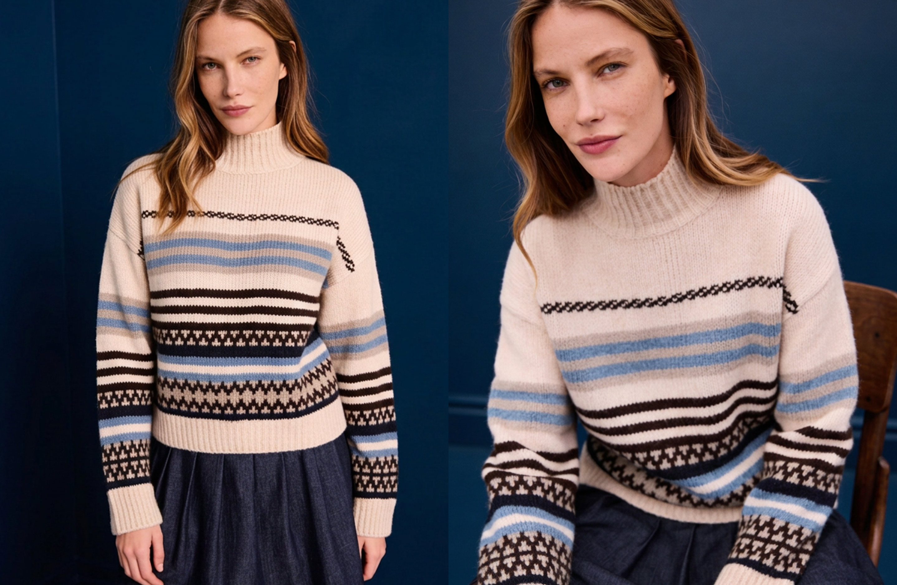 AI generated - Eine Frau, die einen cremefarbenen Pullover mit blauen und braunen geometrischen Mustern trägt, dazu einen dunklen Rock, steht vor einem blauen Hintergrund.