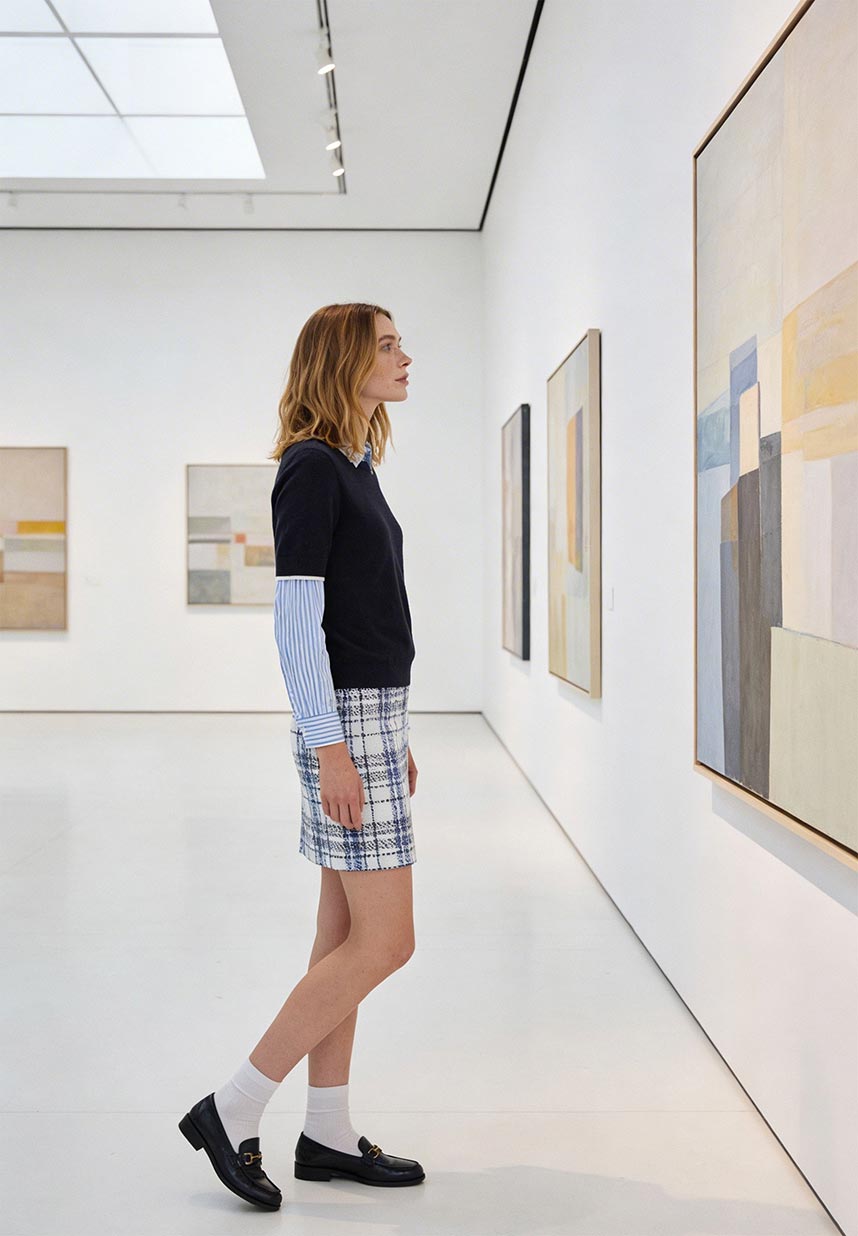 Frau in einer Ausstellung mit Pullover und Karorock