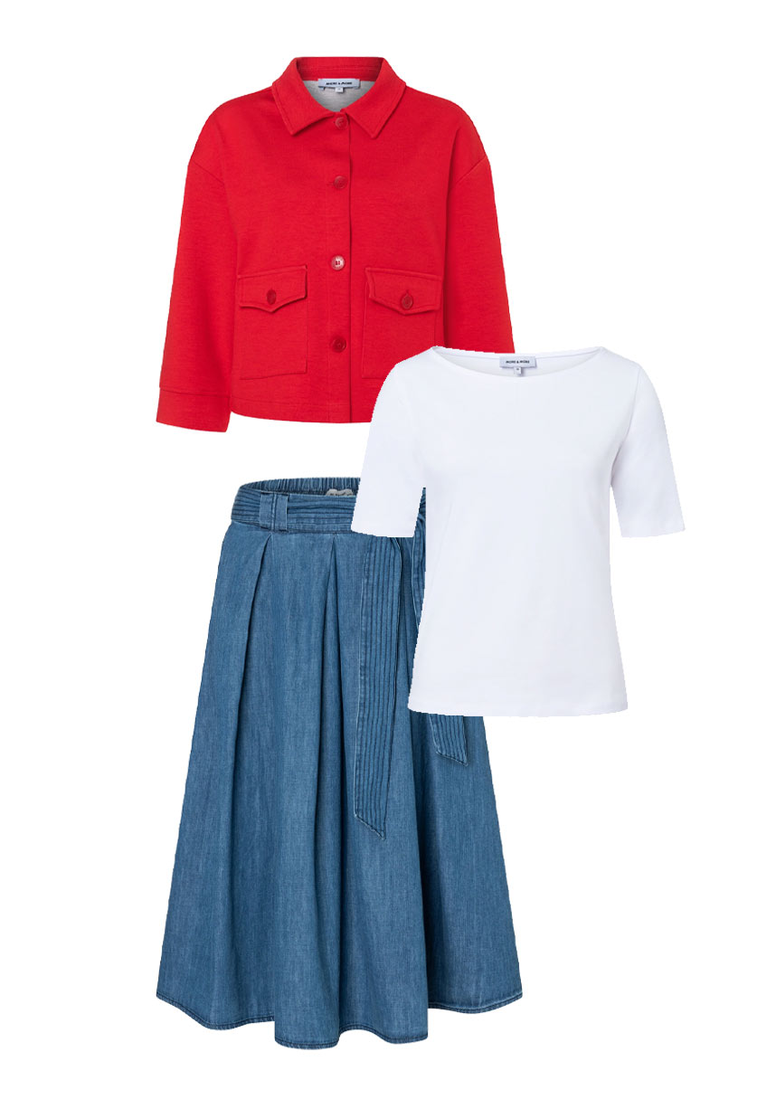 rote Jacke und Denimrock