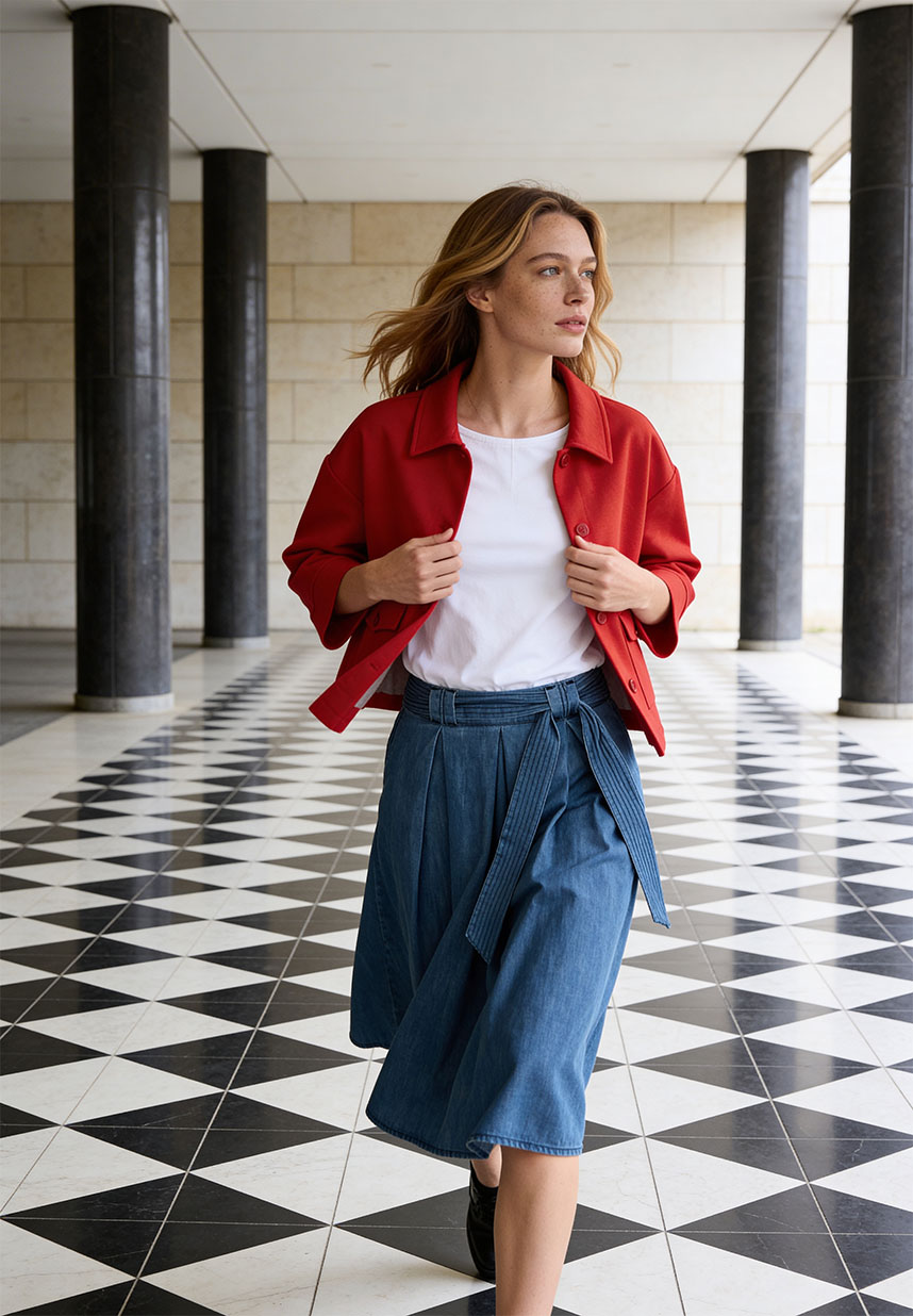 rote Jacke und Denimrock