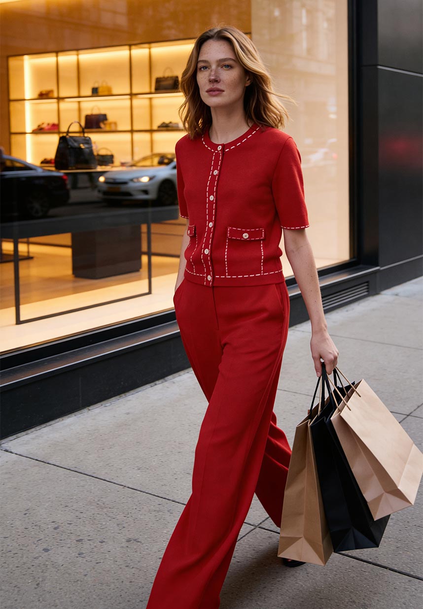 rote Hose und roter Cardigan