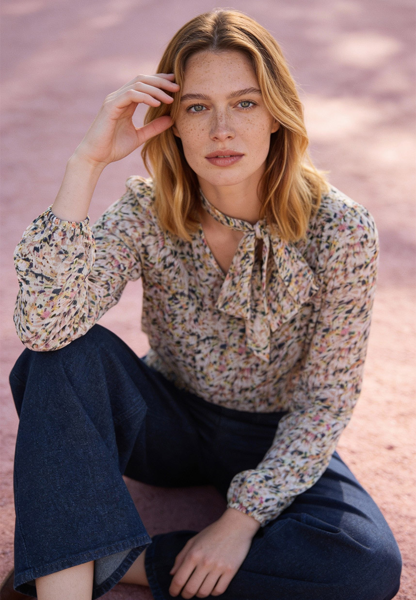 Printbluse mit Denim