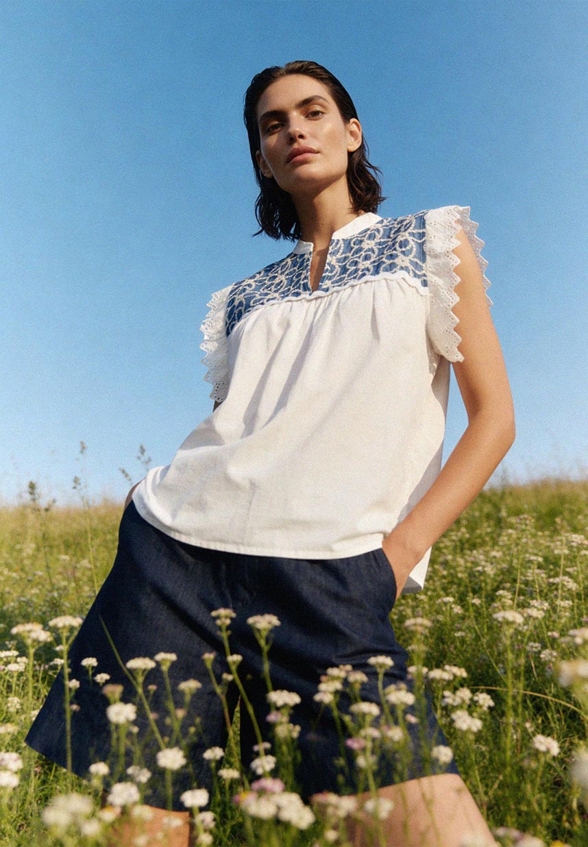 Look mit Spitzenbluse und Denimshorts