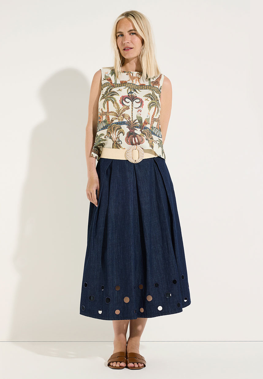 Bluse mit Jungleprint und Denimrock