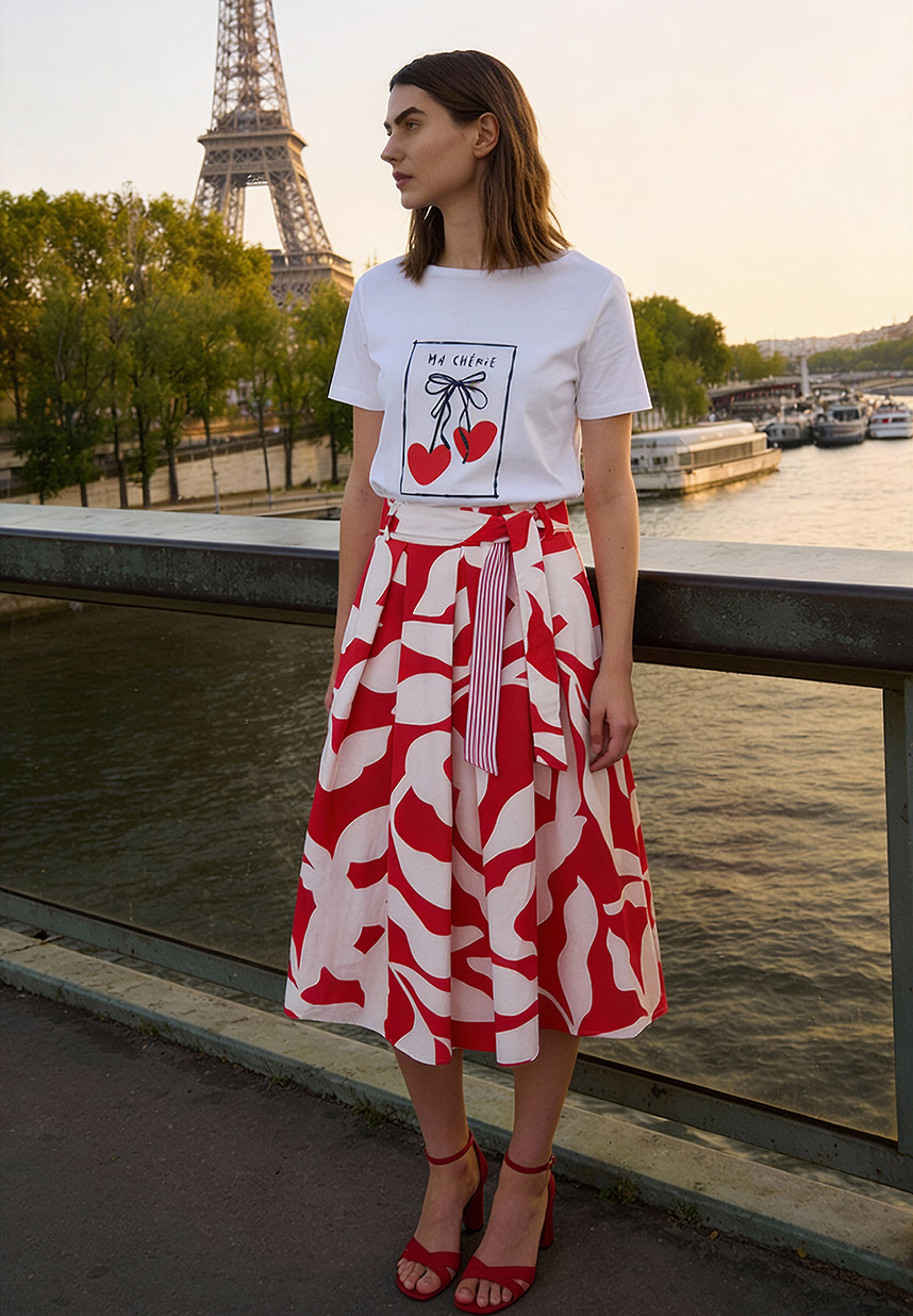 Look mit weißen Shirt und Printock