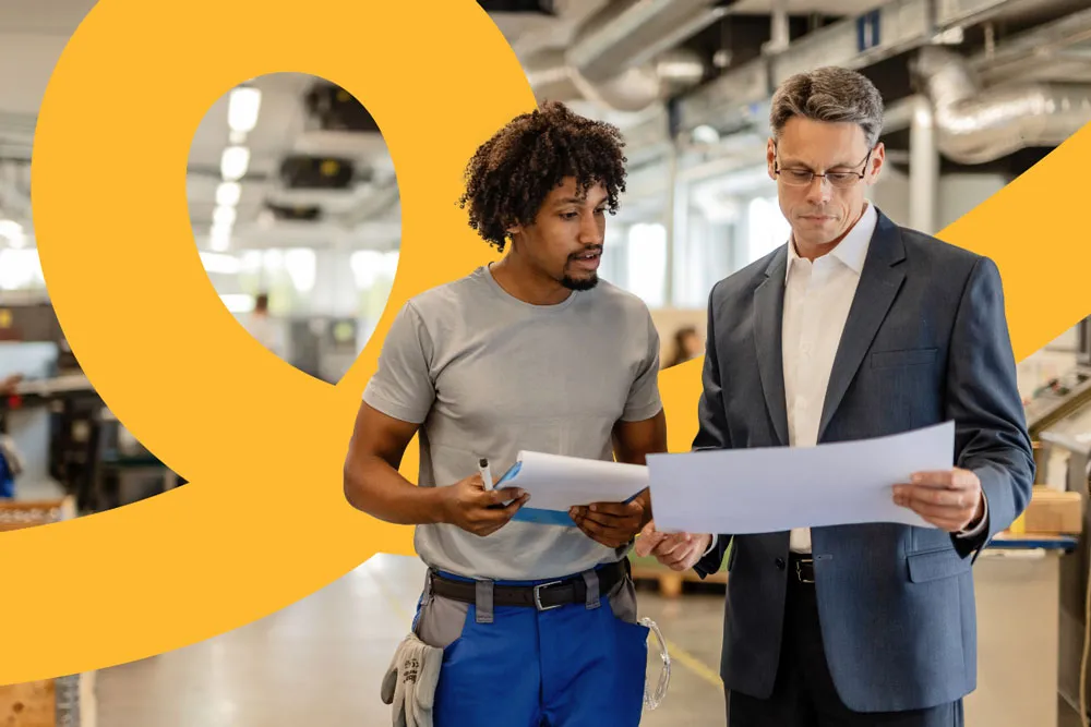 conversation of two men on paper production site