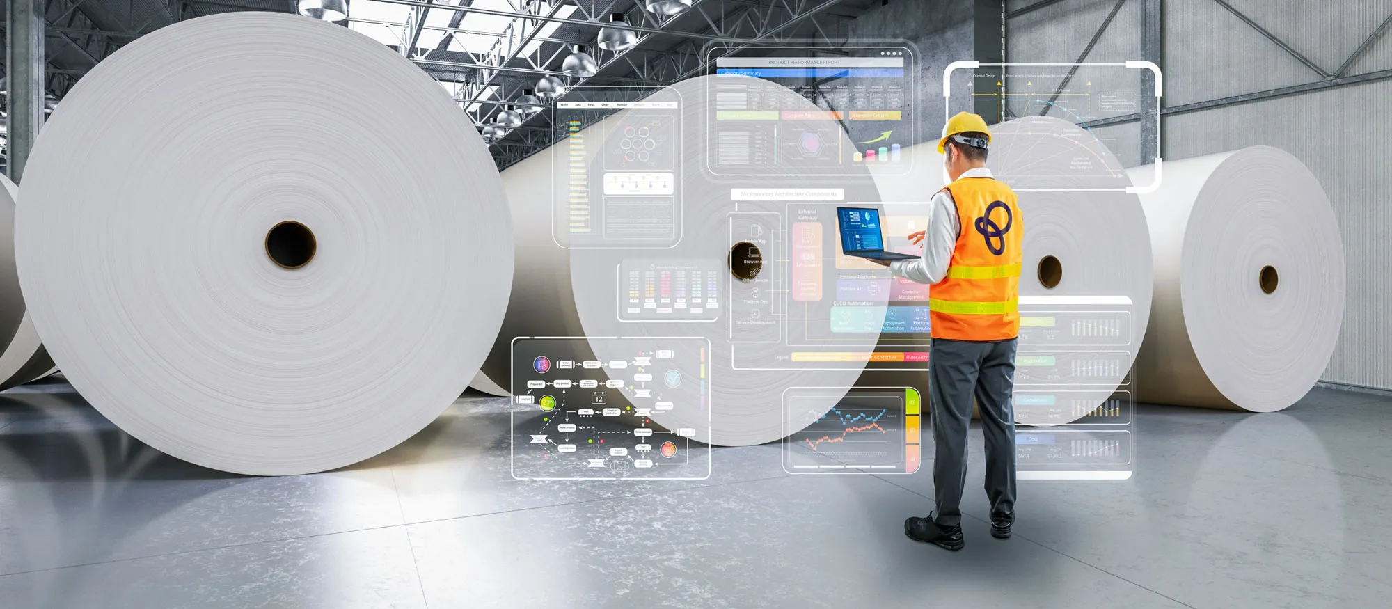man standing in front of paper reels with notebook