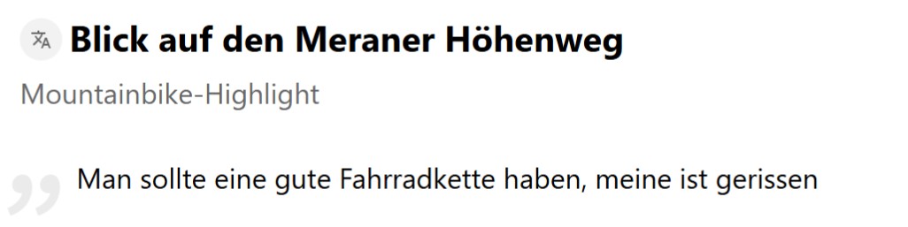 Komoot Kommentar eines Nutzers, dessen Fahrradkette bei einer steilen Stelle in den Bergen gerissen ist.