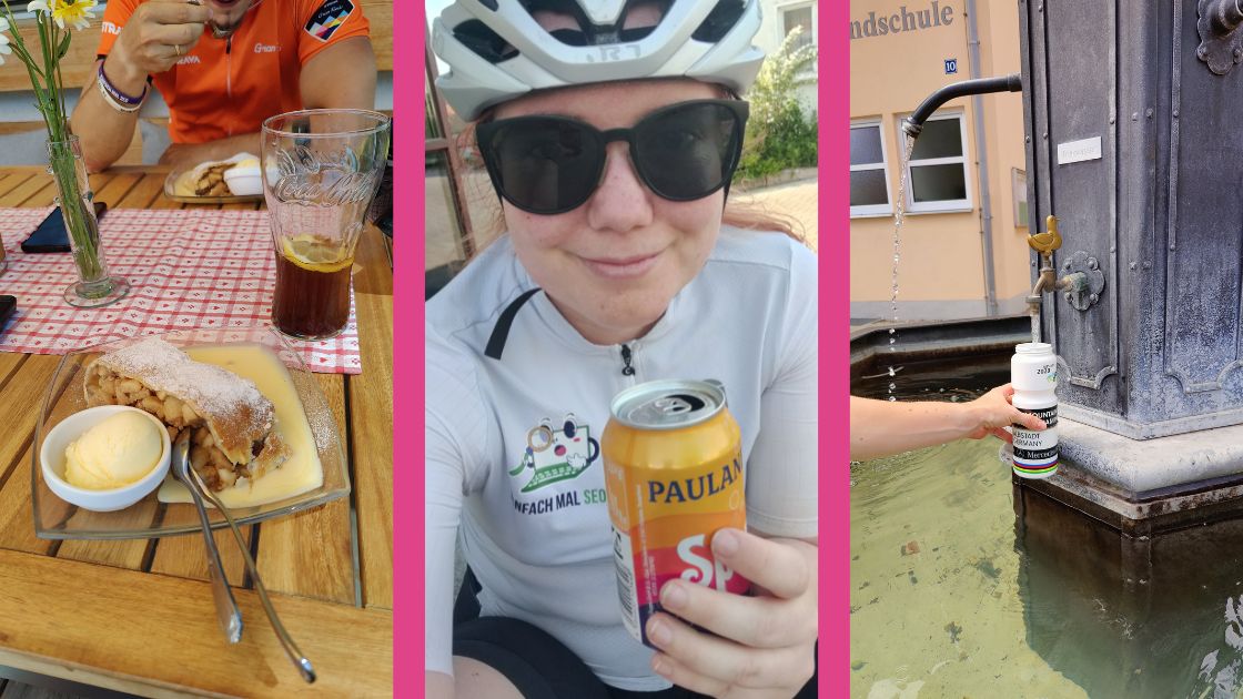 Verschiedene Pause-Szenen beim Radfahren. Erfrischung unterwegs am Brunnen, in der Gastro oder am Automaten.