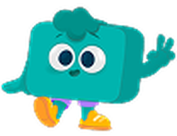 Cartoon character with a teal rectangular body, big eyes, curly hair, and sneakers, raising two fingers in a peace sign.