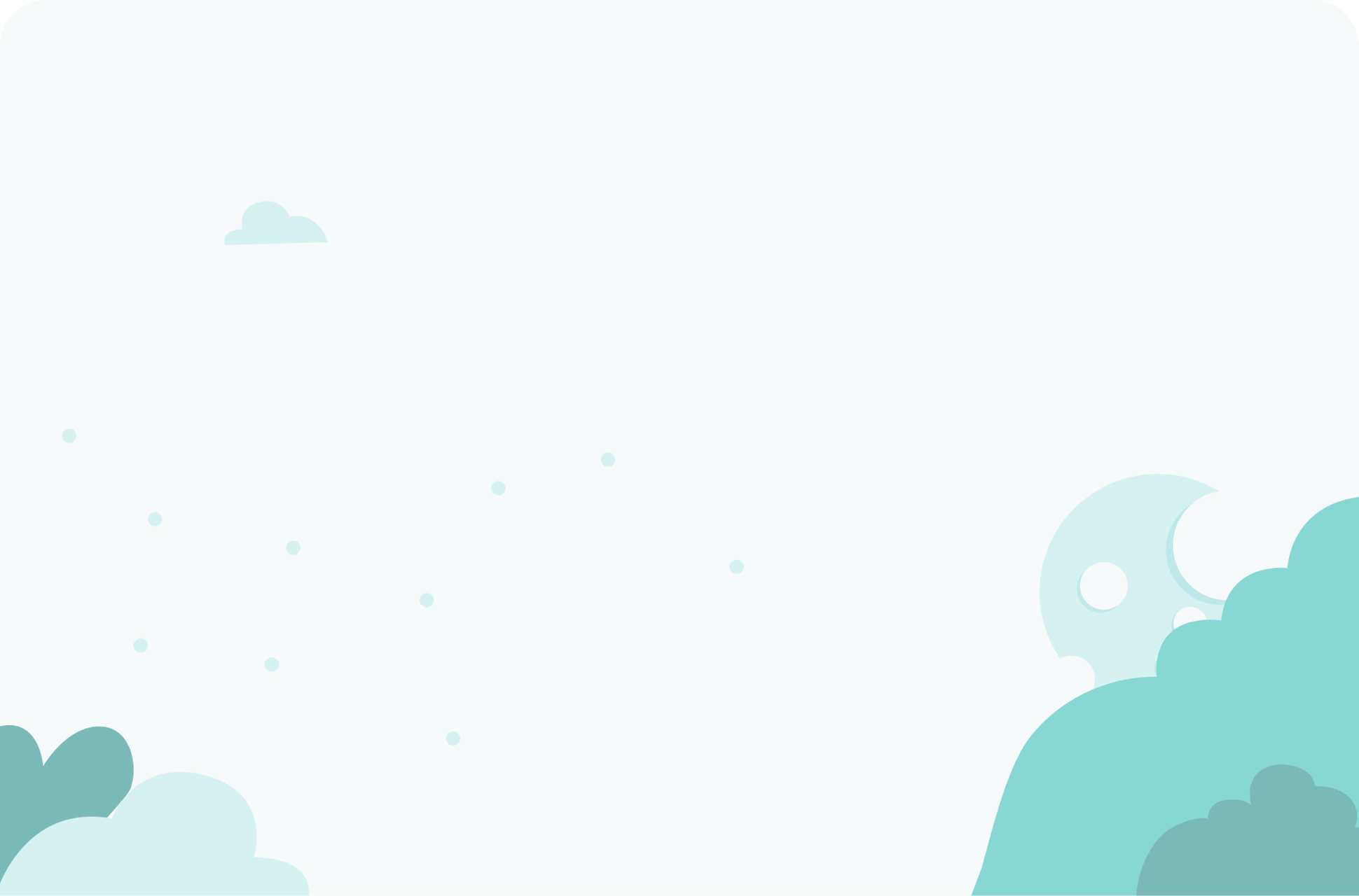 Minimalist landscape with stylized green and teal hills, trees, and clouds against a light gray sky.