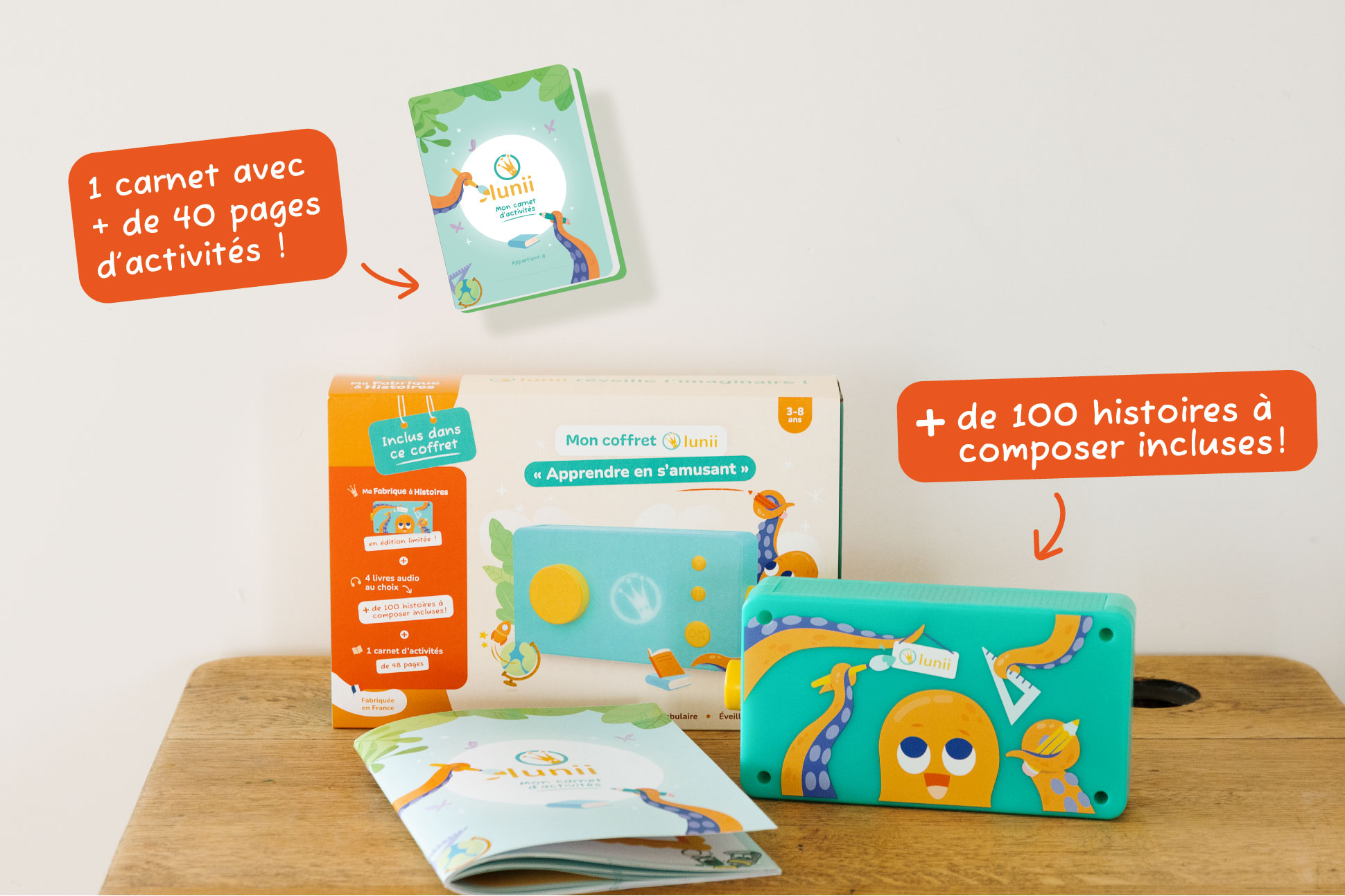 Mon Coffret Lunii Apprendre en s'amusant avec le carnet d'activités et la conteuse