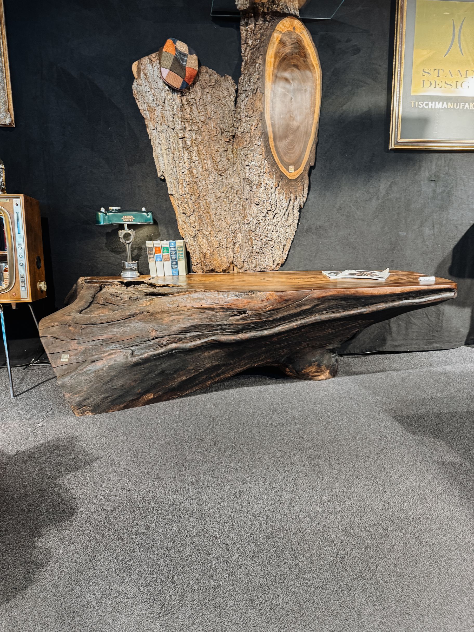 Designer walnut side table with organic live edge, crafted from a continuous trunk